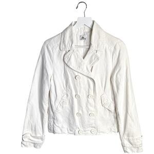 LACOSTE White Twill Denim Jacket Double Breasted Cotton/Linen W1833 Sz 40 Med